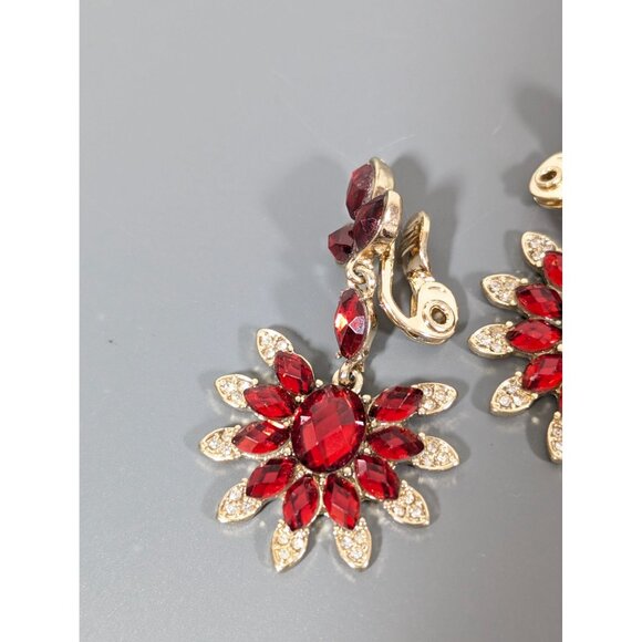Napier Retro Red Crystal Flower Fan Dangle Clip On Earrings Evening Glam - Picture 4 of 7